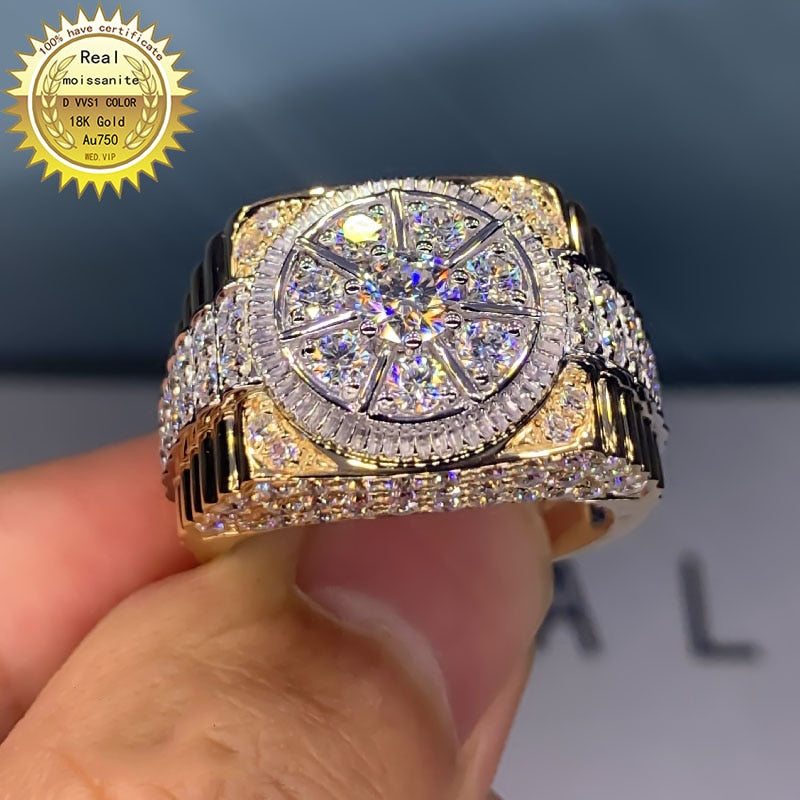 Solid luxury 18K Gold  Moissanite Diamond Ring Men ring D color
