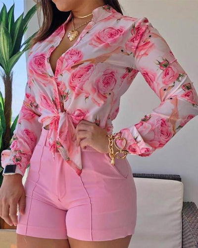 Women Elegant Floral Print Tied Front Long Sleeve Casual Top Shirt