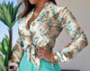 Women Elegant Floral Print Tied Front Long Sleeve Casual Top Shirt