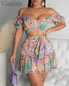 Women Slim One-shoulder Tops and Floral Print Skirt Two-piece Set