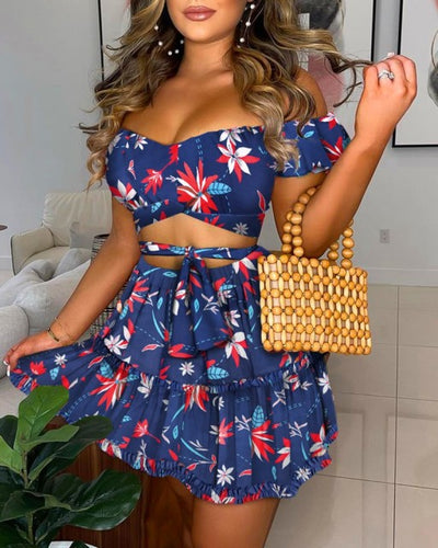 Women Slim One-shoulder Tops and Floral Print Skirt Two-piece Set