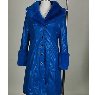 X-long Leather Coat Fur Collar Winter Solid Color Lapel PU Zipper